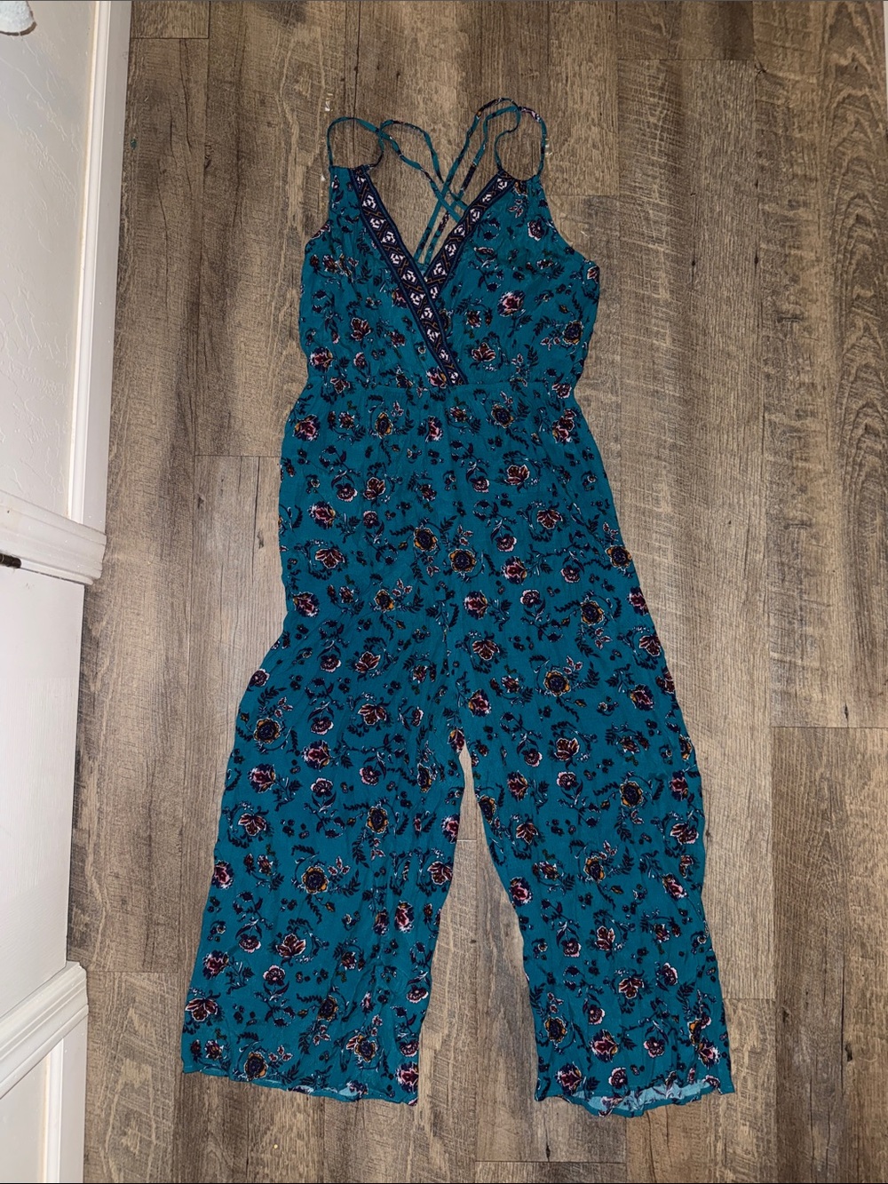 Eyeshadow Teal Floral Strappy Wide-Leg Jumpsuit